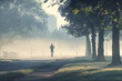 An early riser jogs along a park pathway, surrounded by morning mist and the silhouettes of city buildings in the backdrop