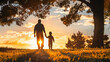 silhouette of father and son in the park at sunrise