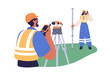 Surveyor engineers work with geodetic equipment. Building workers with theodolite, levelling pole and walkie-talkie, surveying measurement tools. Flat vector illustration isolated on white background