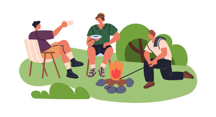 Canvas Print - Young friends sitting by campfire. Men talking at fire, resting on summer holiday, leisure, recreation. Guys campers relaxing by bonfire outdoors. Flat vector illustration isolated on white background