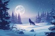 A powerful wolf stands in the snow, howling at the full moon in the background.