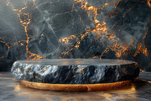  A Circular Podium Standing On The Stone Floor, Made Of Dark Gray Marble With Golden Veins. Created With Ai
