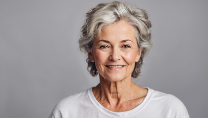 Beautiful mature woman with light grey background in a white t-shirt, studio shot 


