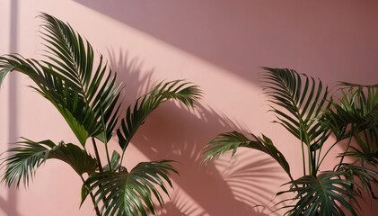 Blurred shadow from palm leaves on the light pink wall