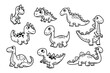 A collection of cartoon dinosaurs with different colors and sizes