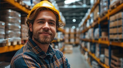 Aufkleber - Portrait of worker in the warehouse is smiling, Warehouse shelves on background. Generative AI.