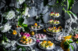 Elegant dessert table, meticulously arranged with an assortment of delectable treats. The scene exudes luxury and celebration, making it ideal for various creative projects