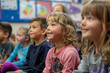 © AI_images - Elementary school students sit attentively, vocalizing vowel sounds with curiosity and concentration, actively participating in their language learning journey.