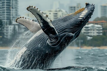 Poster - A humpback whale, a majestic marine mammal, is breaching out of the liquid element known as water, showcasing its impressive fin and tail