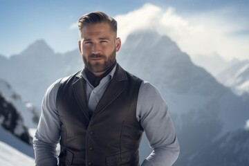 Wall Mural - Portrait of a grinning man in his 30s dressed in a polished vest while standing against pristine snowy mountain