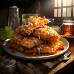 Wall Mural - waffles with raspberries and syrup on a wooden table