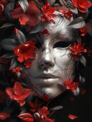 Wall Mural - Silver mask with red gems, flowers, black background