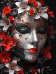 Wall Mural - Silver mask with red gems, flowers, black background