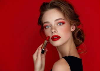 Beautiful girl with red lips and classic makeup with lipstick in hand.