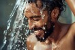 © Татьяна Евдокимова - A smiling man enjoying a refreshing post-workout shower to cool down and rinse off after exercise, feeling happy and relaxed while taking a moment for his well-being and skin care