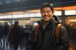 Portrait of a grinning asian man in his 40s wearing a windproof softshell on bustling airport terminal background