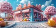 Charming isometric candy shop with animated lollipops and gummies bouncing around