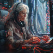 © Alexey - Modern mature female hacker in glasses sits at a computer, illustration in neon red blue. Concept of security, hacking, data leakage.