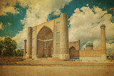 Fototapeta Zachód słońca - Vintage image of Bibi-Khanym Mosque in Samarkand, Uzbekistan.
