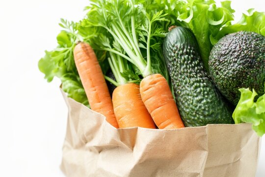 Close-up of a paper bag filled with leafy green lettuce, crunchy carrots, and ripe avocados on a white background