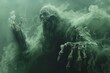 A ghastly figure with translucent skin and elongated fingers, its mouth agape in a silent scream, enveloped in a murky green fog.