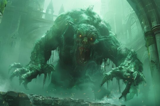 A grotesque goblin with sharp features and a menacing grin, its hands reaching out from beneath a bridge in a foggy, green-lit scene.