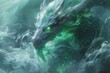 A spectral dragon with ethereal scales and glowing green eyes, its ghostly claws reaching out from a misty realm between worlds.