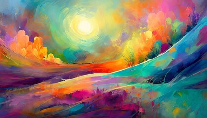 Colorful digital painting with a swirling sun in a dynamic, abstract landscape scene