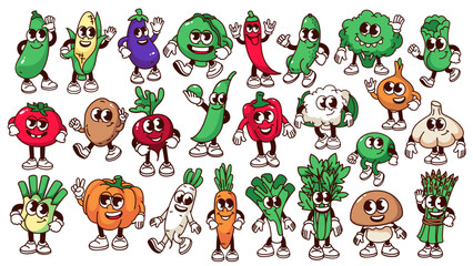Canvas Print - Groovy cartoon vegetable characters set. Funny retro positive personages walking to healthy dinner, happy vitamin vegetables mascots, cartoon emoji and stickers of 70s 80s style vector illustration