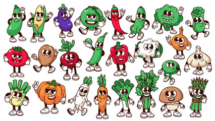 Poster - Groovy cartoon vegetable characters set. Funny retro positive personages walking to healthy dinner, happy vitamin vegetables mascots, cartoon emoji and stickers of 70s 80s style vector illustration