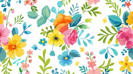 Wall Mural - flowers and foliage colorful pattern spring summer isolated on white background