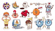 Groovy cartoon characters and stickers set to disconnect internet network. Funny retro broken internet connection mascots with warning messages, cartoon collection of 70s 80s style vector illustration