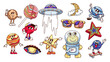 Groovy space and planet cartoon characters set. Funny retro planet of Solar system and flying saucer, crazy star and sunglasses mascots, cartoon astronomy stickers of 70s 80s style vector illustration
