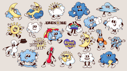 Wall Mural - Groovy cartoon weather characters and typography stickers set. Funny retro personages for comic weather forecast, meteorology mascots, cartoon climate emoji of 70s 80s style vector illustration