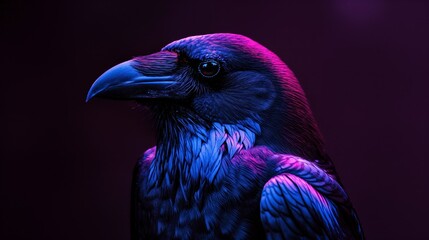 Bird with electric blue beak perched on purple backdrop