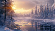 An HD image capturing the beauty of a cold season outdoors landscape, featuring a lake surrounded by frost-covered trees in a forest blanketed with ice and snow at sunrise. 