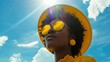 black woman with yellow glasses, a hat a yellow outfit against a blue sky background with sun rays. professional beauty shot