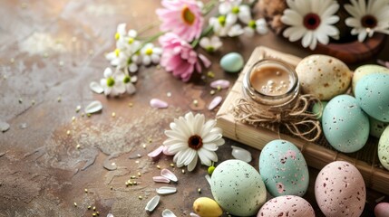 Poster - Spa supplies and beauty products Easter themed flowers on a brown backdrop