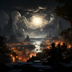 Wall Mural - Fantasy landscape with full moon in the night.3d render