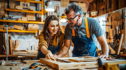 Wall Mural - A young woman talking to the carpenter while standing next to him