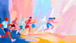 © Oksana - Sport speed marathon watercolor illustration. People team run, running in rush to goals