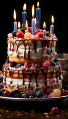 Wall Mural - Birthday cake with candles and berries on a dark background. Selective focus.