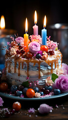 Wall Mural - Birthday cake with candles and flowers on a dark background. Selective focus.