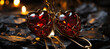 A pair of earrings made of amber shaped like a heart and set with red gemstones resting on black lava rock. Created with Ai