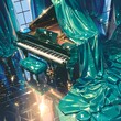 A grand piano set against an emerald green satin curtain with golden sparkles, creating a magical and sophisticated atmosphere.