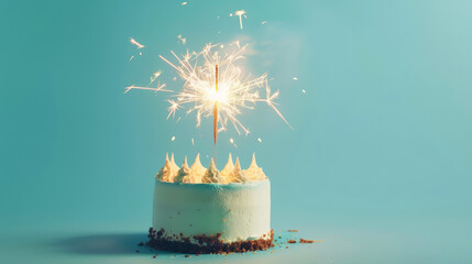 Wall Mural - Aesthetic birthday cake with sparklers on pastel blue background. Copy space. Party invitation template. Generative AI