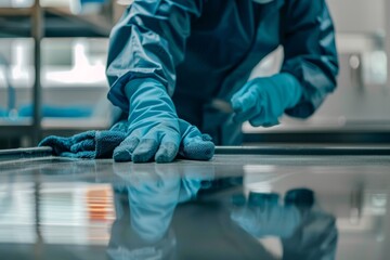 Close-up of professional worker providing office and industrial cleaning services for company