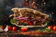Delicious turkish shawarma doner sandwich with grilled beef and flying ingredients