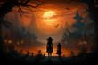 Halloween background with silhouette of witch and little girl in haunted castle