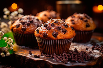 Wall Mural - Homemade muffins with chocolate on top of the wooden table.